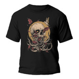 Remera Calavera Hojas Rojas Ilustracion 100% Algodón