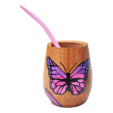 Mate De Madera Pintado A Mano Incluye Bombilla - Mariposa