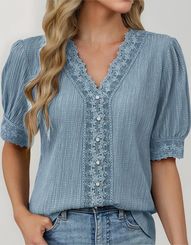 Camisas Holgadas De Encaje Con Cuello Redondo, Blusas Lisas