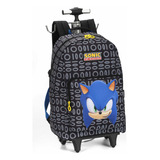 Mochila Rodinha E Costas Sonic Game - Volta Às Aulas Cor Preto Desenho Do Tecido Liso