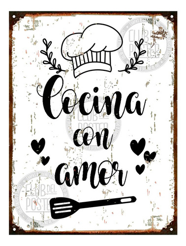 Cartel De Chapa Vintage Cocina Con Amor 20x28cm