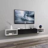 Mueble Tv Flotante Moderno 160 Cm Blanco Puerta Negra 