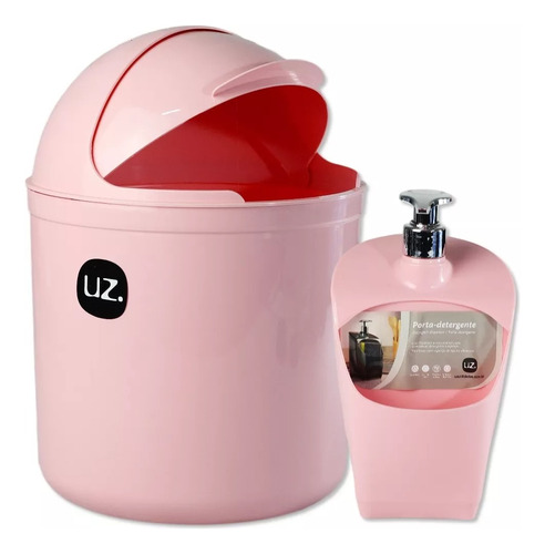 Kit Lixeira Pia Cozinha Cesto Lixo Dispenser Detergente Rosa