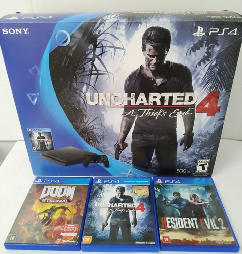 Playstation 4 Slim 500 Gb Edição Especial Uncharted + 2 Controles + 3 Jogos Físicos Ps Sony Na Caixa Resident Evil 2 God Of War Doom
