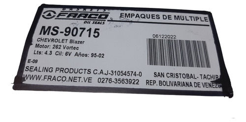 Empacadura Multiple Escape Chevrolet Blazer 262 Vortec  Foto 3