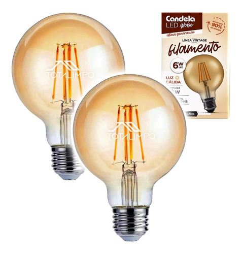 2 Lámparas Led Globo Filamento 6w Luz Cálida Candela 6808