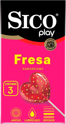 Condón De Látex Sico Play Texturizado Sabor Fresa 3 Piezas