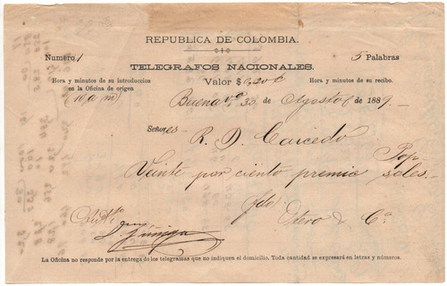 Telegrama Antiguo De 1889 Telégrafos Nacionales Buenaventura
