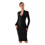 Vestido Bandage Negro Manga Larga Escote Sexy Elegante Casua