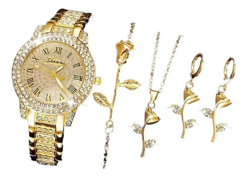 Set Reloj Para Mujer Rosa Dorado + Juego De Collar Aretes