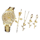 Set Reloj Para Mujer Rosa Dorado + Juego De Collar Aretes