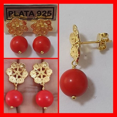 Aros Coral Rojo Flor G Filigrana 10mm Plata 925 Oro 18k 