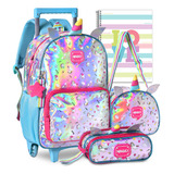 Kit Mochila Infantil Unicórnio Rodinhas Menina Escolar Lindo