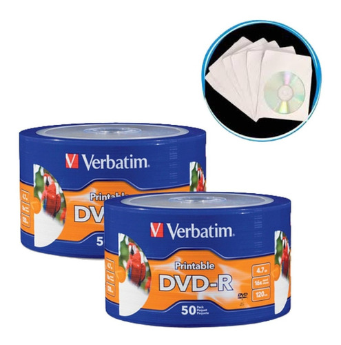 100 Dvd-r Imprimible Marca Verbatim + 100 Sobres De Papel