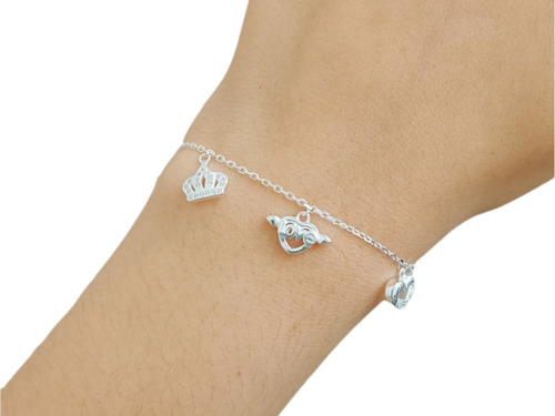 Pulsera Plata 925 Con Cubic Corona Queen Corazón Love Mujer