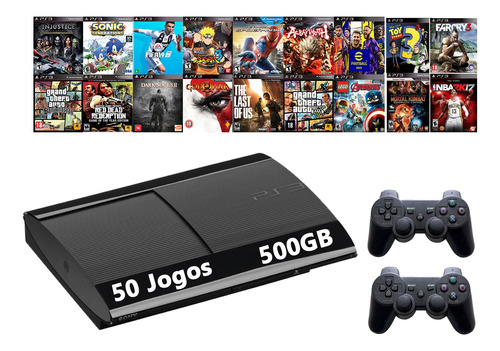 Sony Playstation 3 Super Slim 500gb Standard + 2 Controle + 50 Jogos + God Of War + The Last Of Us + Fifa