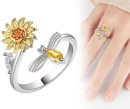 Anillo Flor Girasol Giratorio Antiestres Circonio Flor Abeja