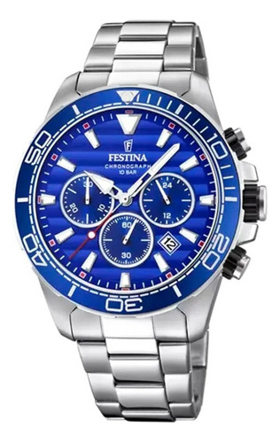 Reloj Festina F20361/2 Prestige 100m Para Hombre Liniers Color De La Malla Plateado Color Del Bisel Azul Color Del Fondo Azul