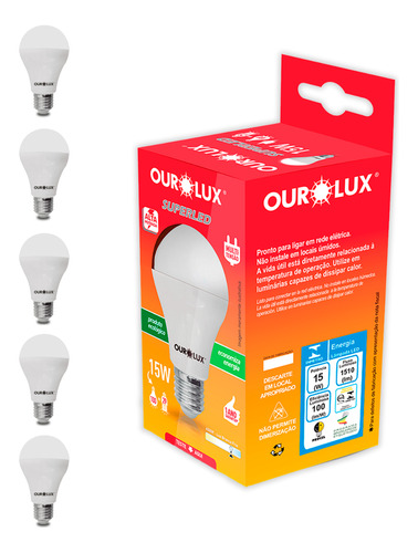 Kit 5 Lampadas Led Bulbo E27 15w 3000k 4000k 6500k Branco