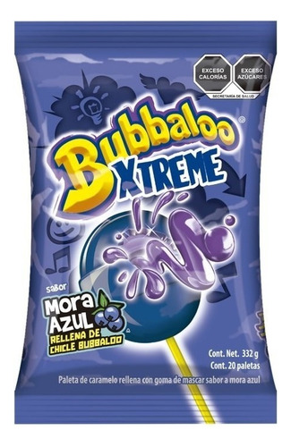 Bubbaloo Xtreme Paletas Mora Azul Relleno De Chicle 20 Unidades 332g