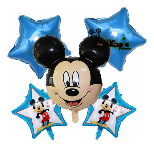 Set De 5 Globos Mickey Azul  Fiesta Infantil Cumplaños