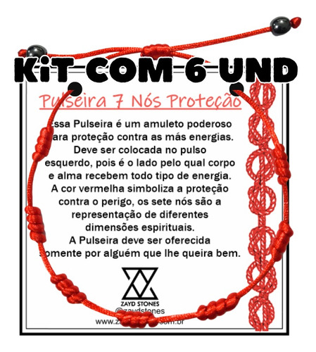 Kit Com 06 Pulseiras 7 Sete Nós Kabballah Hematita Ajustável