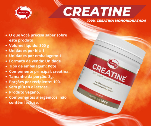 Creatina Creatine Monohidratada Pura - 300g - Vitafor Sabor Sem Sabor