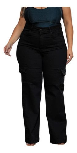 Calca Feminina Wide Leg Cargo Plus Size Cintura Alta Lycra