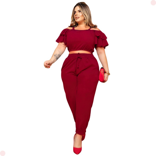 Conjunto Plus Size Feminino Estica Modela Jovial Calça Top 