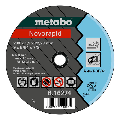 Disco De Corte 115 X 1 Mm Acero Inox Metabo Novorapid