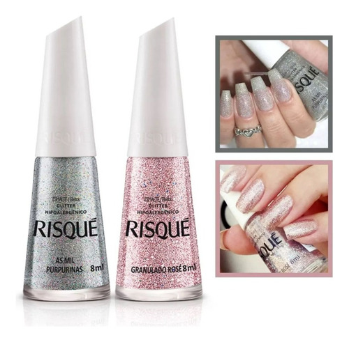 Kit Esmalte Risque Glitter Mil Purpurinas + Granulado Rose