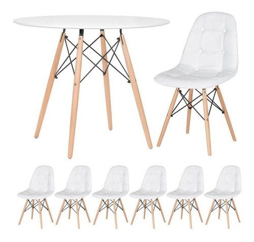 Mesa Jantar Eames 90 Cm 6 Cadeiras Estofada Botone Coloridas