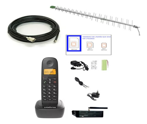 Kit Rural Telefone Sem Fio Para Chip 3g Antena E Cabo De 10m Cor Preto
