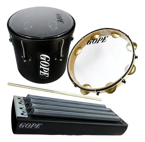 Kit Percussão Gope Preto Pandeiro Repique Reco Reco