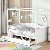 Cama Doble Con Dos Cajones Y Dosel En Blanco