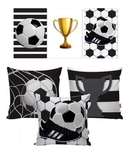 Kit 3 Quadros + 3 Capa Almofada Esporte Futebol Bola