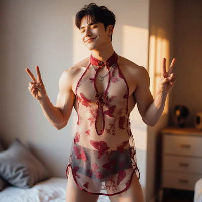 Lencería Erótica Cheongsam Transparente Roja Para Hombre