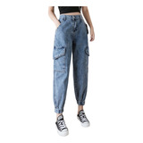 Jeans Jogger Mujer Clásico Tiro Alto Cargo Gran Bolsillo