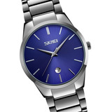 Reloj Hombre Skmei 9140 Acero Minimalista Fecha Elegante Color De La Malla Plateado/azul