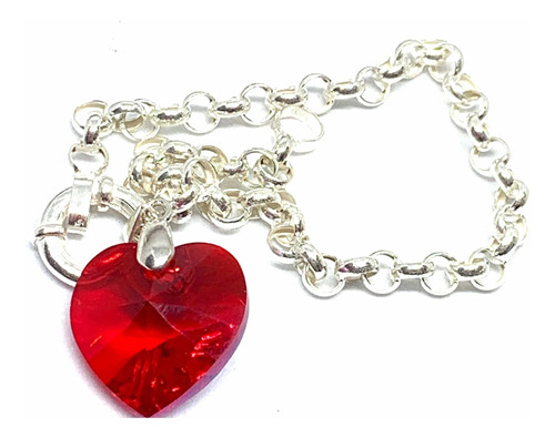 Pulsera Plata Rolo Y Cuelga Dije 18 Mm Corazon Cristal Swaro