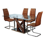 Juego De Comedor Mesa Vidrio Madera + 6 Sillas Eco Cuero