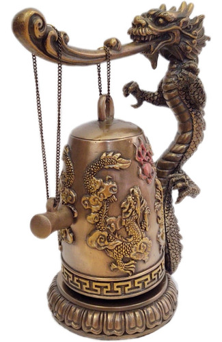 Figura Zen Dragón Chino Con Campana Tibetana En Resina