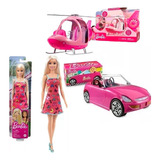 Combo Helicoptero + Auto + Muñeca Barbie Original Accesorios