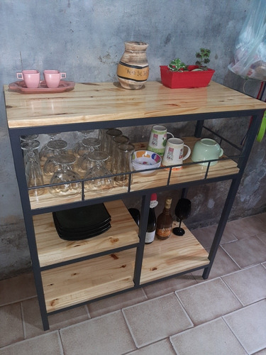 Mesa Organizadora De Cocina En Hierro Y Madera.90x35x90