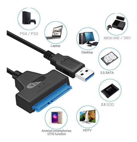 Cabo Adaptador Conector Sata Usb 3.0 Hd 2,5 Backup 22 Pinos Cor Preto