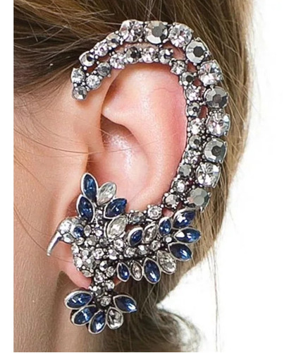 Lindo Brinco Ear Cuff Passaro Prateado Azul Cristais Strass