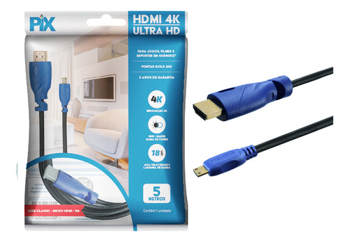 Cabo Micro Hdmi X Hdmi 5 Metros Blindado 2.0 Ethernet 5m 4k