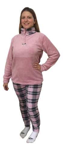 Pijama Polar Mujer Invierno Chantilly  Coral Rosa Escocés 