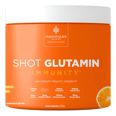 Shot Matinal Imunidade Glutamina NAC Personalize Pharma Tangerina 150g Completo 100% Natural Saudável Sem lactose Sem Glúten Sem Açúcar Antioxidante 3g L-glutamina Porção Imunológico Própolis Zinco | Frete grátis