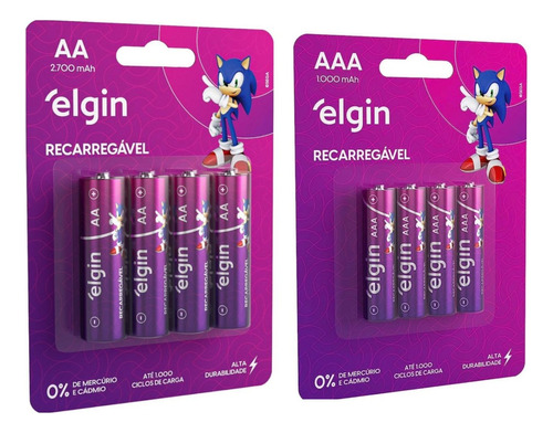 4 Pilhas Recar. Elgin Aaa 1000mah Palito + 4 Pilhas Aa 2700